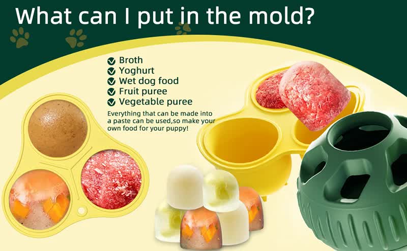 Blue Ball and Yellow Mold Pet Treat Dispensing Ball and Molding Set - Silicone Dog Chew Toy for Teeth Cleaning and Boredom Relief