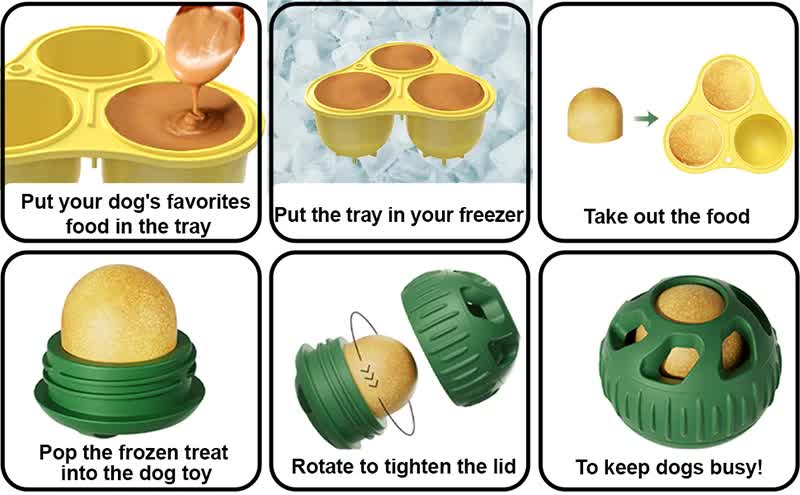 Grey Ball and Yellow Mold Pet Treat Dispensing Ball and Molding Set - Silicone Dog Chew Toy for Teeth Cleaning and Boredom Relief