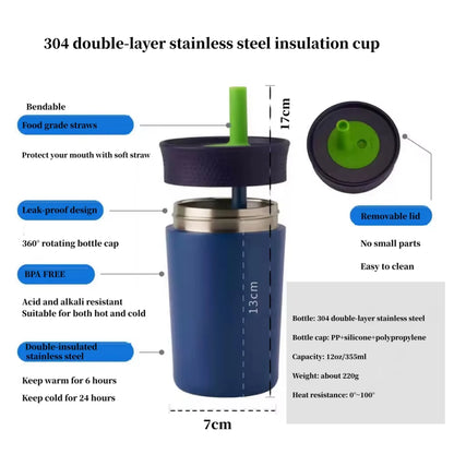2 Pcs Beige 12oz Insulated Tumbler with Straw - 304 Stainless Steel, BPA-Free, Leak-Proof Coffee Mug for Hot and Cold Drinks