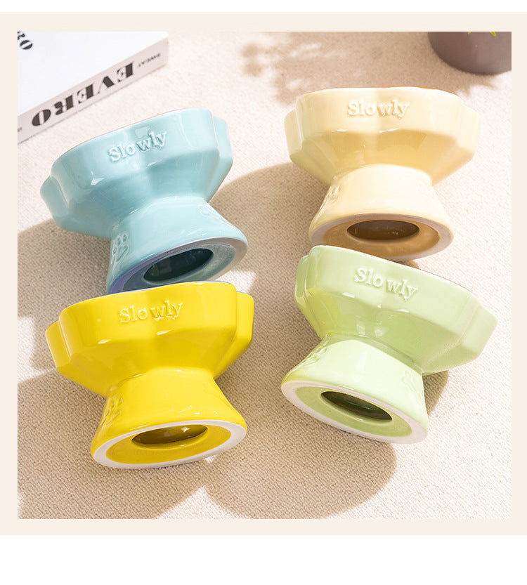 Yellow and Blue Ceramic Slow Feeder Pet Bowl for Cats and Small Dogs - Anti-Choke Elevated Design with 15-Degree Tilted Rim