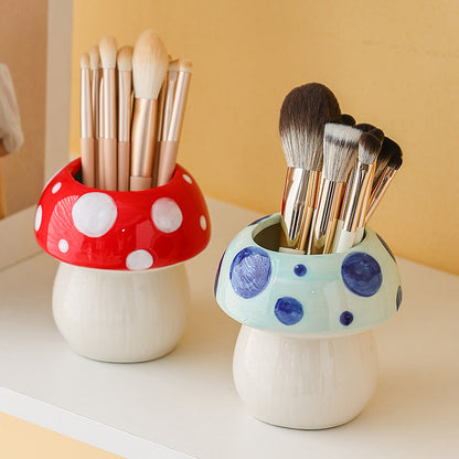 Pink And Red Adorable Ceramic Mushroom Desk Organizer - Cute Pen & Makeup Brush Holder