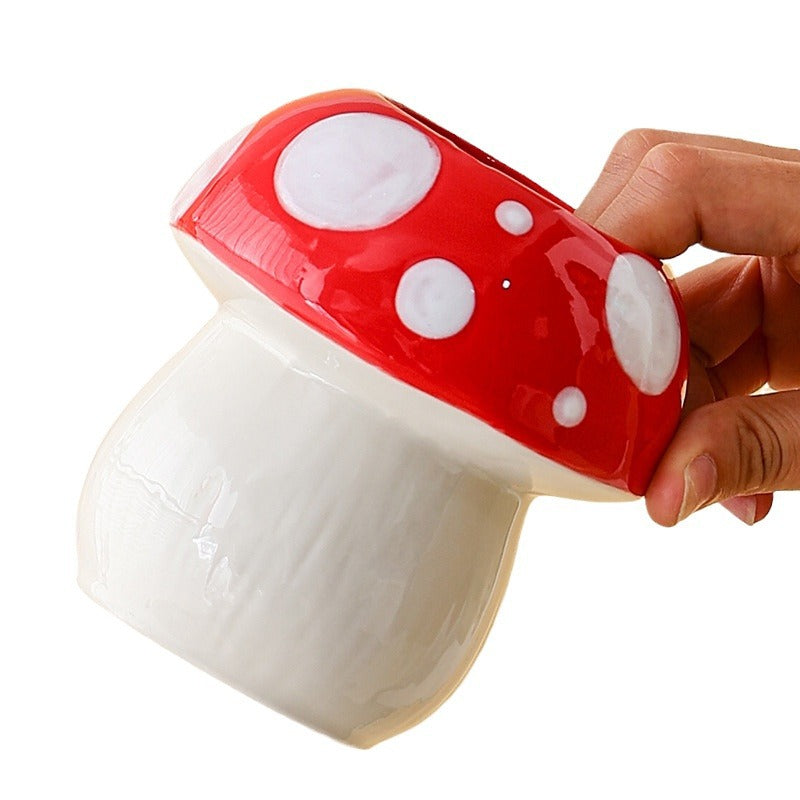 Pink And Red Adorable Ceramic Mushroom Desk Organizer - Cute Pen & Makeup Brush Holder