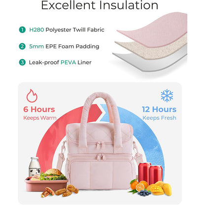 Beige Chic Double Deck Insulated Lunch Bag - Leakproof Cooler Tote for Women