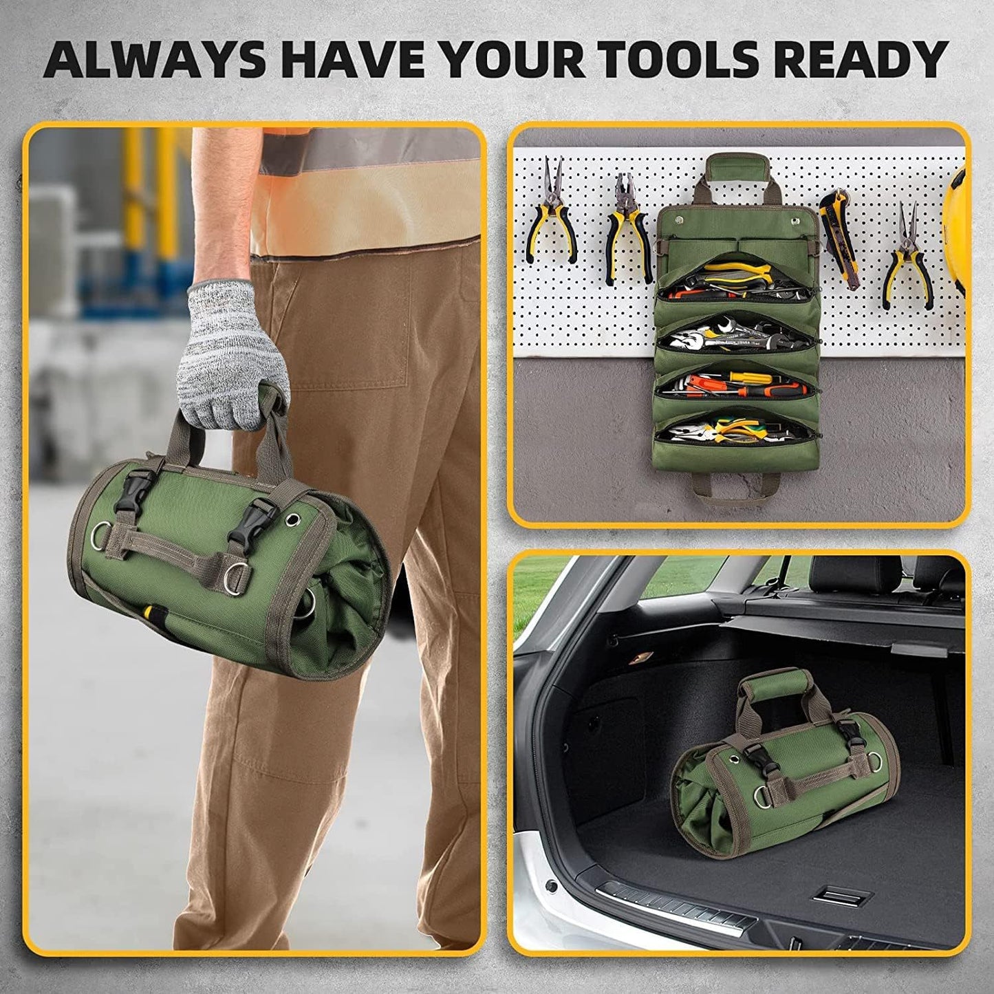 Grey Heavy Duty Roll-Up Tool Bag Organizer - Waterproof Oxford Fabric Pouch with Multiple Pockets