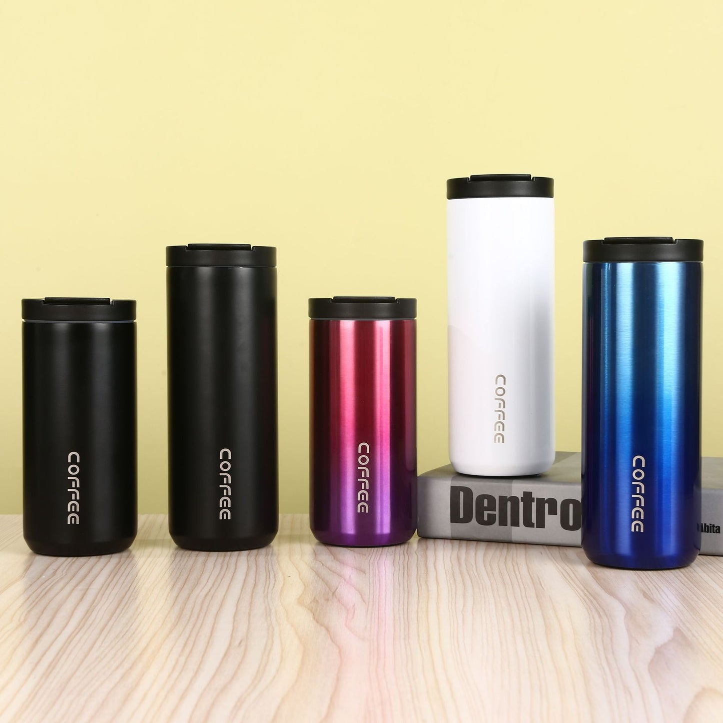 Red And Purple Gradient Color Sleek Insulated Stainless Steel Coffee Tumbler Set (400ml & 500ml) - One-Touch Lid Travel Mugs