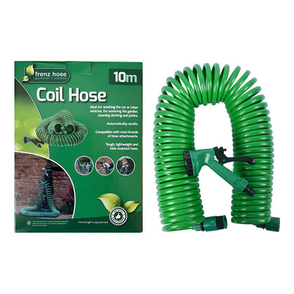 10m Retractable Spring Garden Hose with 5-Function Spray Gun - EVA Burst-Proof Watering Hose for Car Washing