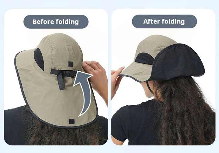 Dark Blue Wide Brim Sun Hat with Cape - Foldable UV Protection - 10cm Brim