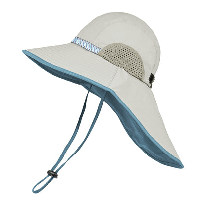 Grey(Dark Blue Webbing) Wide Brim Sun Hat with Cape - Foldable UV Protection - 10cm Brim