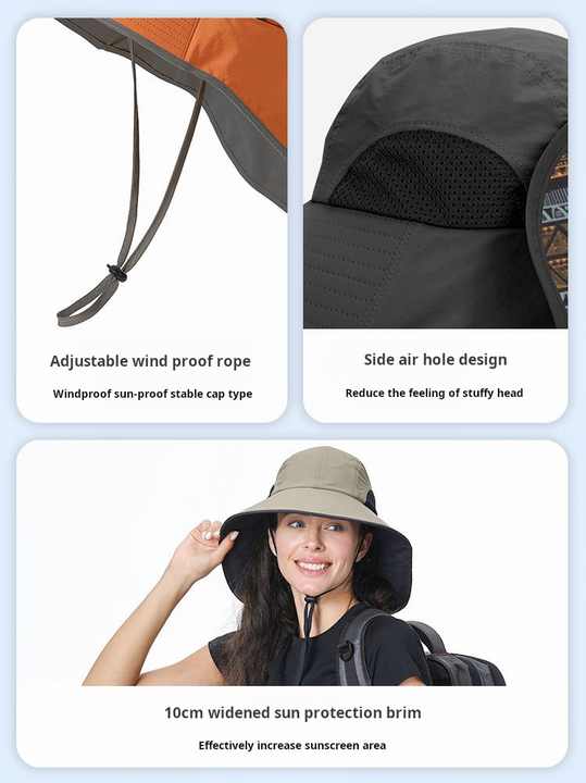 Grey(Dark Blue Webbing) Wide Brim Sun Hat with Cape - Foldable UV Protection - 10cm Brim