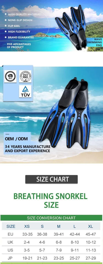 M Blue Adult Professional TPR Swim Fins - Rubber Snorkeling Flippers for Diving and Free Swimming