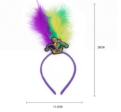 Heart Pattern Festive Mardi Gras Feather Headband Set - 10 Pack Sequin Jester Hat Party Accessory