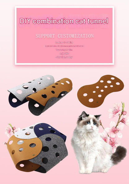DIY Felt Cat Tunnel - Foldable Egg Roll-Shaped Pet Toy with Multiple Holes(Brown + Green)