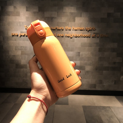 Good Luck" Mini Stainless Steel Thermos Flask - 350ml Leakproof Insulated Bottle with Pop-Up Lid & Strap(yellow)"