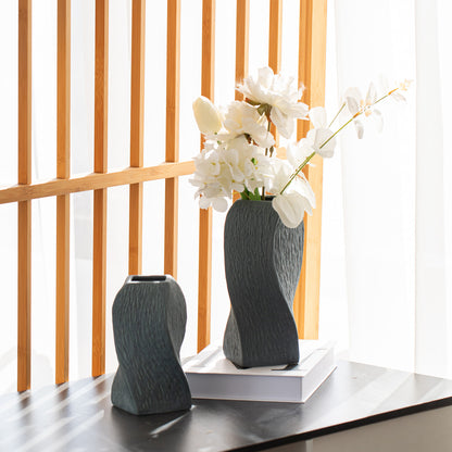 Grey Abstract Twisted Ceramic Vase - Artistic Minimalist Flower Holder for Home Decor (20x10x10cm)