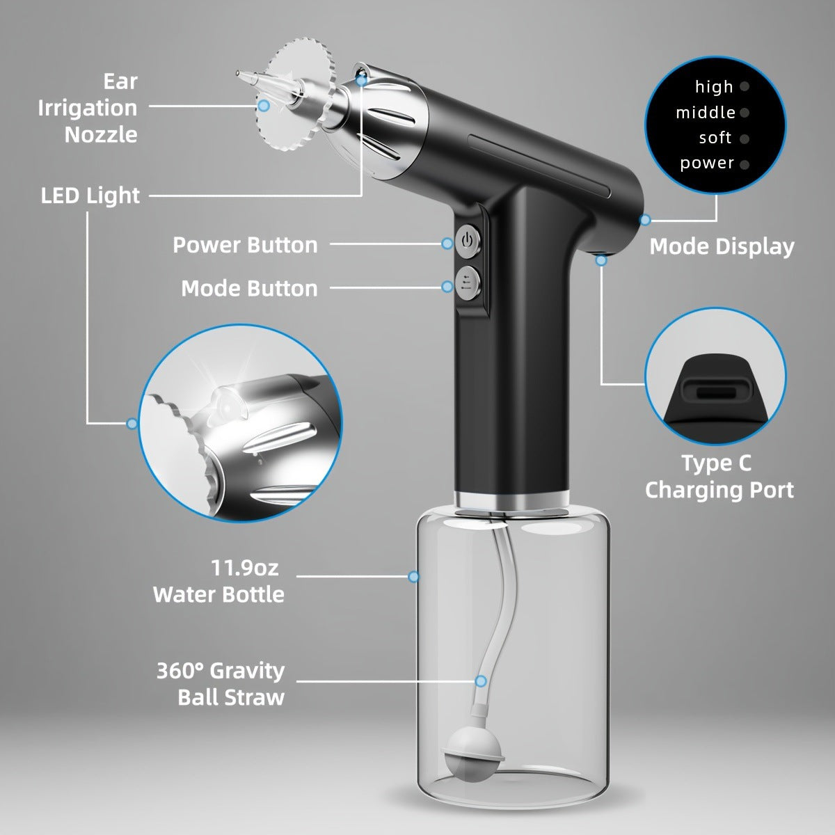 Black Electric Earwax Irrigator Set - Gentle and effective earwax cleaner with collection basin and earplugs