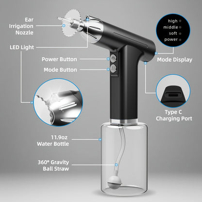 Black Electric Earwax Irrigator Set - Gentle and effective earwax cleaner with collection basin and earplugs
