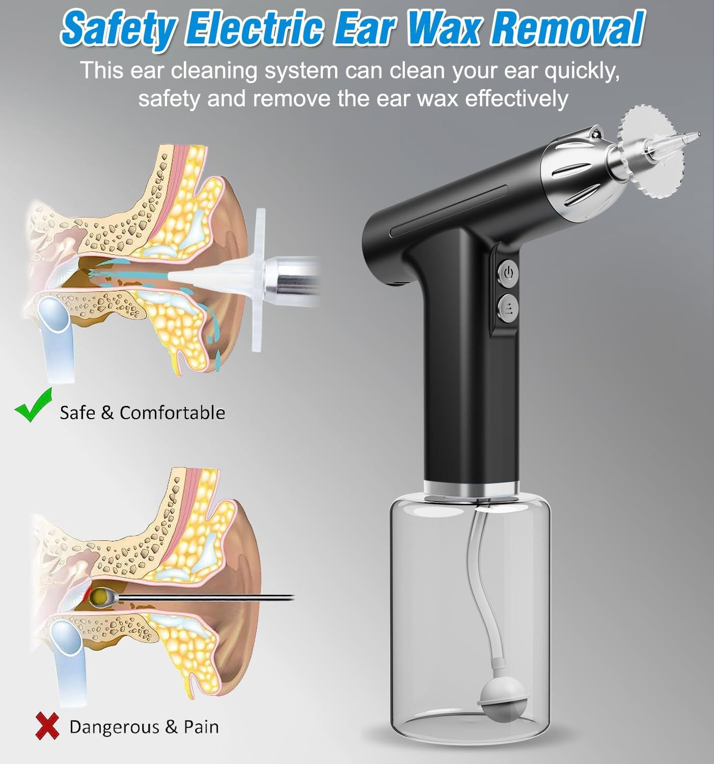 Black Electric Earwax Irrigator Set - Gentle and effective earwax cleaner with collection basin and earplugs
