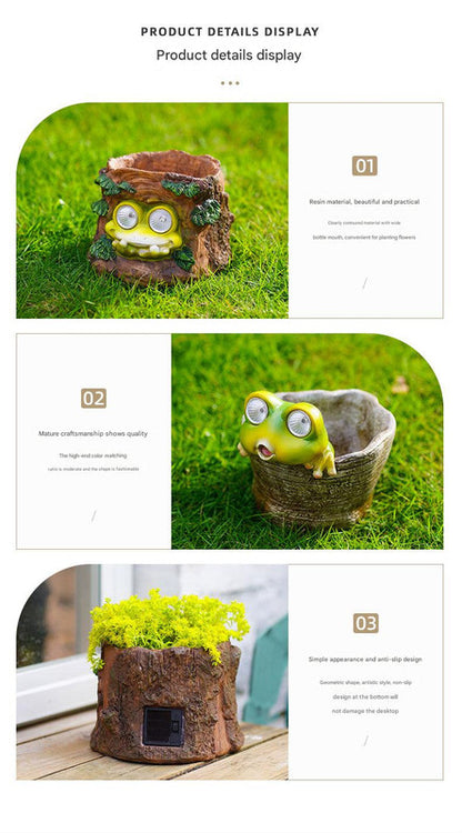 Frog Solar Light Planter - Resin Succulent Pot with Glowing Eyes (Stump frog)