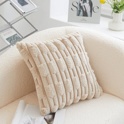 A pair of Khaki Plush Faux Rabbit Fur Throw Pillow Cover - Textured Wheat Ear Design (45x45cm)