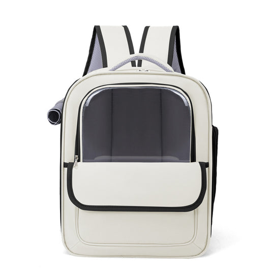 Beige And Black Spacious Pet Carrier Backpack with Clear Window - Comfortable Travel Bag for Cats & Small Dogs