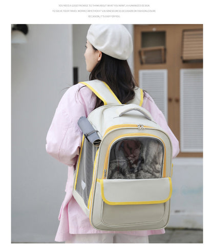 Beige And Yellow Spacious Pet Carrier Backpack with Clear Window - Comfortable Travel Bag for Cats & Small Dogs