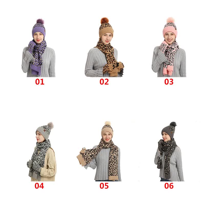 Purple Women's 3-Piece Winter Knit Set - Leopard Print Plush Lined Beanie Hat, Scarf & Touchscreen Gloves