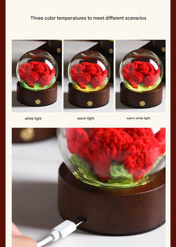 White Rose Handcrafted Crochet Flower LED Night Light - USB Rechargeable Glass Dome Lamp with Wood Base, 3 Color Modes
