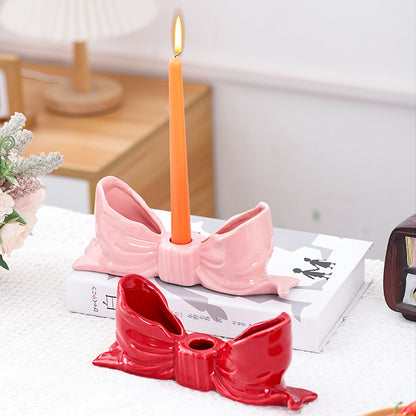 White Elegant Ceramic Bow Taper Candle Holder - Stylish Tabletop Decor Accent