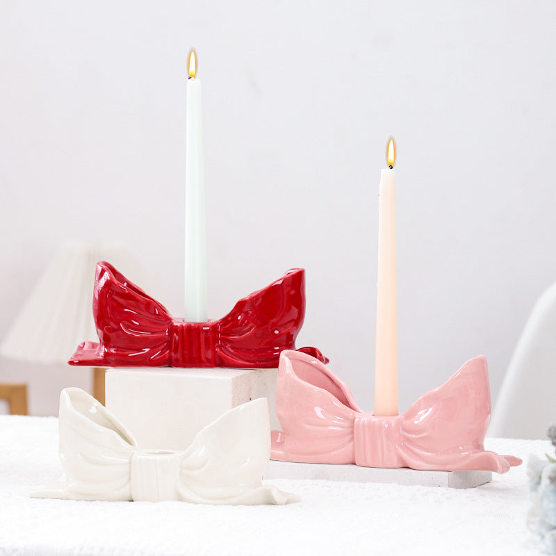 White Elegant Ceramic Bow Taper Candle Holder - Stylish Tabletop Decor Accent