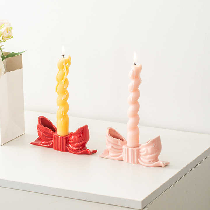 White Elegant Ceramic Bow Taper Candle Holder - Stylish Tabletop Decor Accent