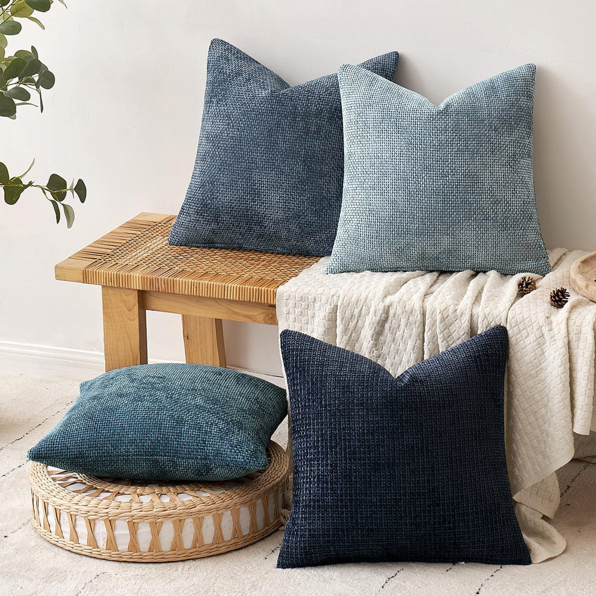 Khaki Plush Chenille Cushion Covers Set of 2 - Soft Textured Decorative Throw Pillow Cases for Sofa Couch, 45x45cm