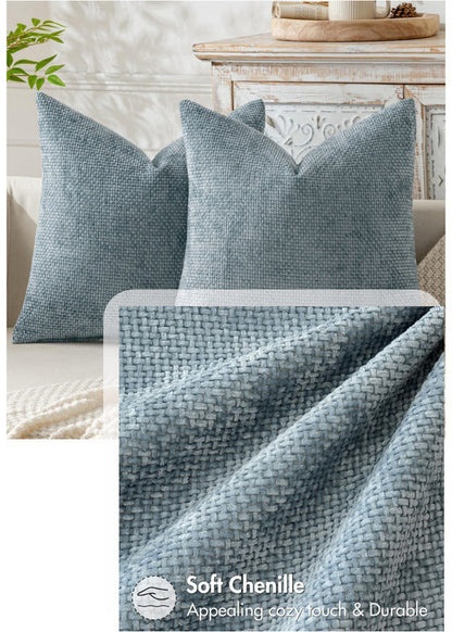 Grey Plush Chenille Cushion Covers Set of 2 - Soft Textured Decorative Throw Pillow Cases for Sofa Couch, 45x45cm