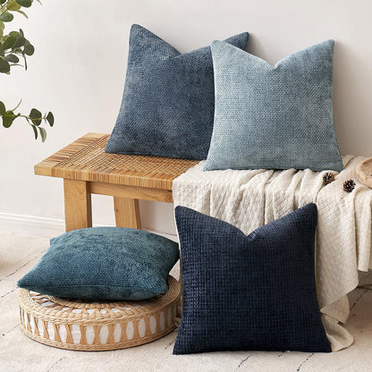 Yellow Plush Chenille Cushion Covers Set of 2 - Soft Textured Decorative Throw Pillow Cases for Sofa Couch, 45x45cm