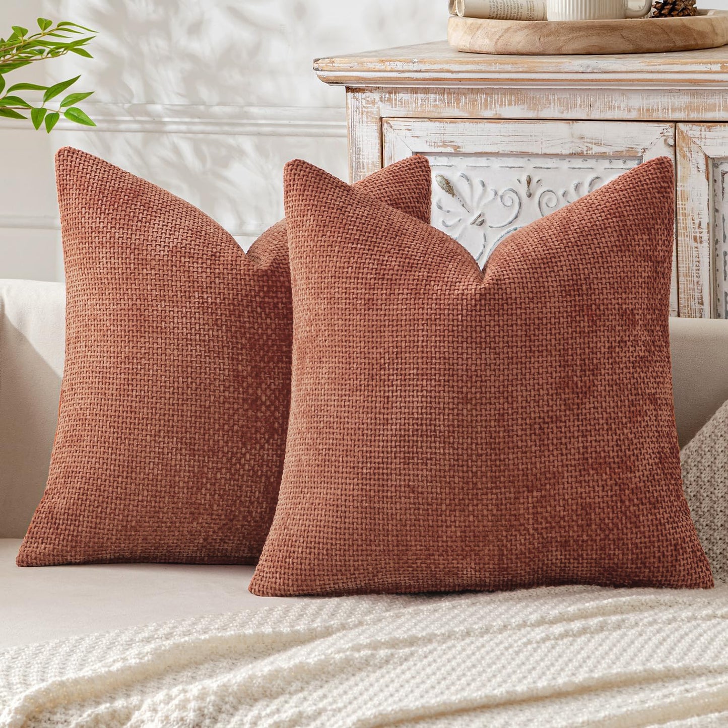 Pink Plush Chenille Cushion Covers Set of 2 - Soft Textured Decorative Throw Pillow Cases for Sofa Couch, 45x45cm