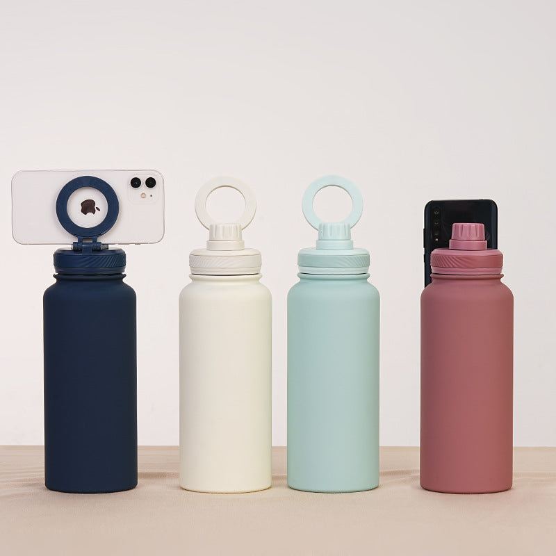 Brown 1L Stainless Steel Water Bottle with Magnetic Phone Holder Lid - Portable Hydration & Hands-Free Stand