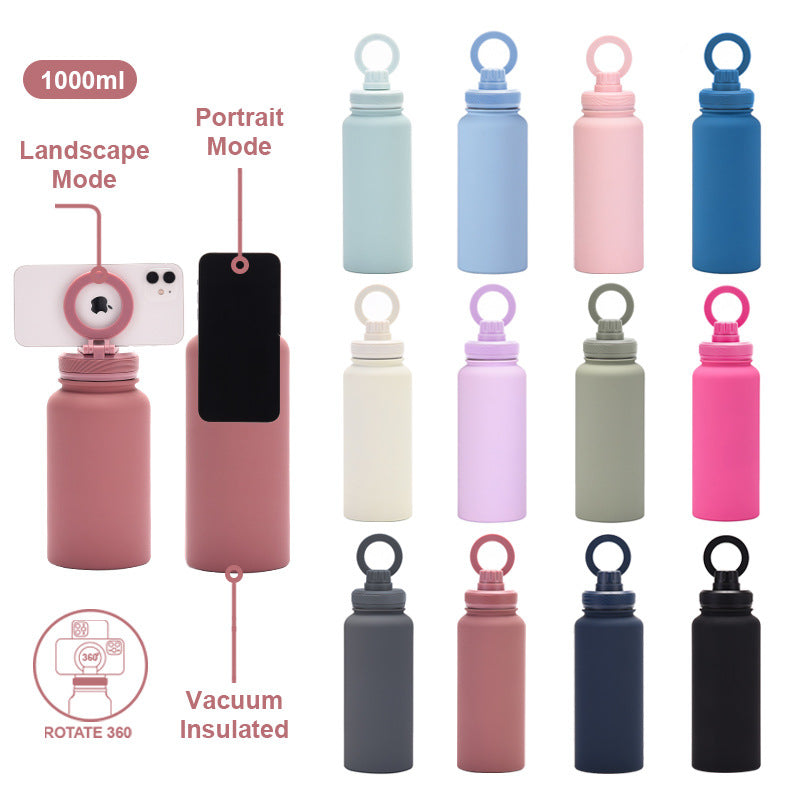 Orange 1L Stainless Steel Water Bottle with Magnetic Phone Holder Lid - Portable Hydration & Hands-Free Stand