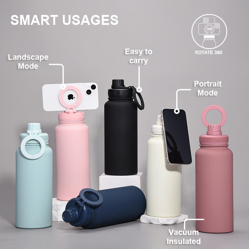 Light Green 1L Stainless Steel Water Bottle with Magnetic Phone Holder Lid - Portable Hydration & Hands-Free Stand