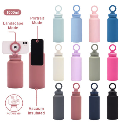 Rose Red 1L Stainless Steel Water Bottle with Magnetic Phone Holder Lid - Portable Hydration & Hands-Free Stand