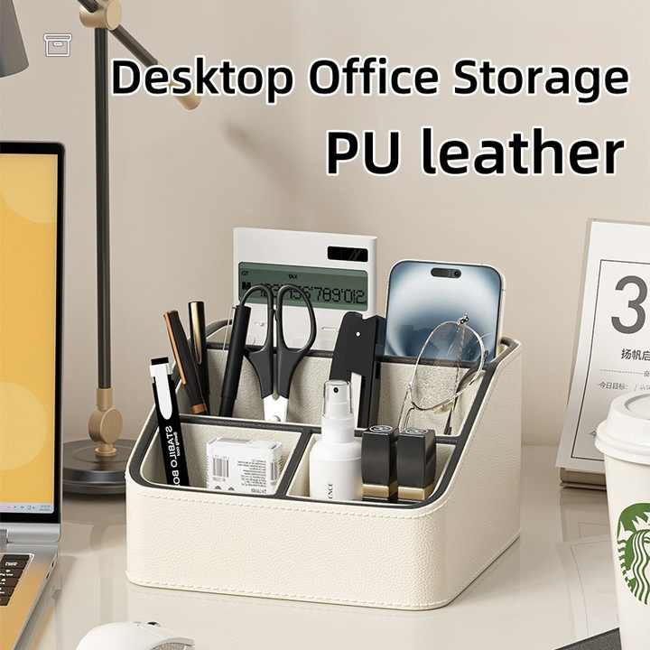 White and Black Stylish PU Leather Desktop Organizer Caddy - Multi-Compartment Holder for Remotes, Office Supplies, Makeup