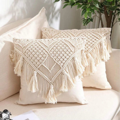 Grey Boho Chic Macrame Cushion Cover - Handmade Woven Cotton Linen Pillow Case with Tassels - Decorative Throw Pillow Sham 45x45cm (Cover Only)
