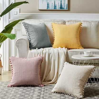 Pink Soft Corduroy Cushion Cover Set (1 Square + 1 Rectangular) with Pom Pom Trim - Decorative Throw Pillow Cases for Sofa Couch