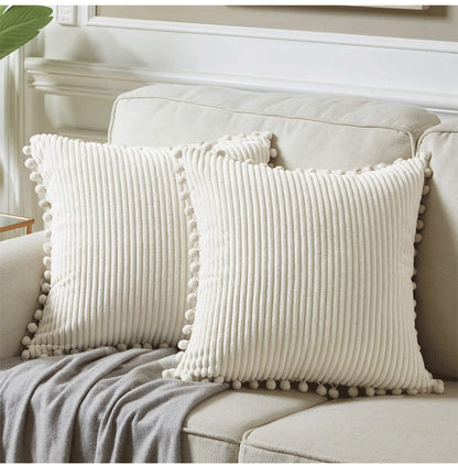 Pink Soft Corduroy Cushion Cover Set (1 Square + 1 Rectangular) with Pom Pom Trim - Decorative Throw Pillow Cases for Sofa Couch