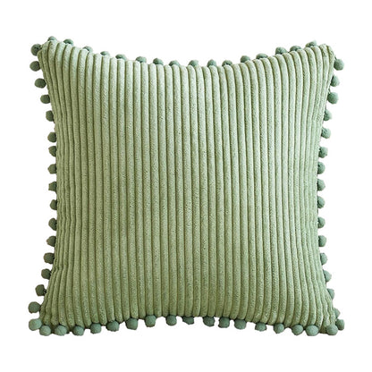 Beige Soft Corduroy Cushion Cover Set (1 Square + 1 Rectangular) with Pom Pom Trim - Decorative Throw Pillow Cases for Sofa Couch