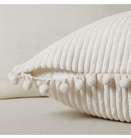 Beige Soft Corduroy Cushion Cover Set (1 Square + 1 Rectangular) with Pom Pom Trim - Decorative Throw Pillow Cases for Sofa Couch