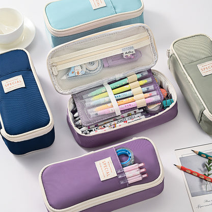 Dark Blue Large Capacity Expandable Pencil Case - Multi-Compartment Student Stationery Pouch (Only with pencil case)