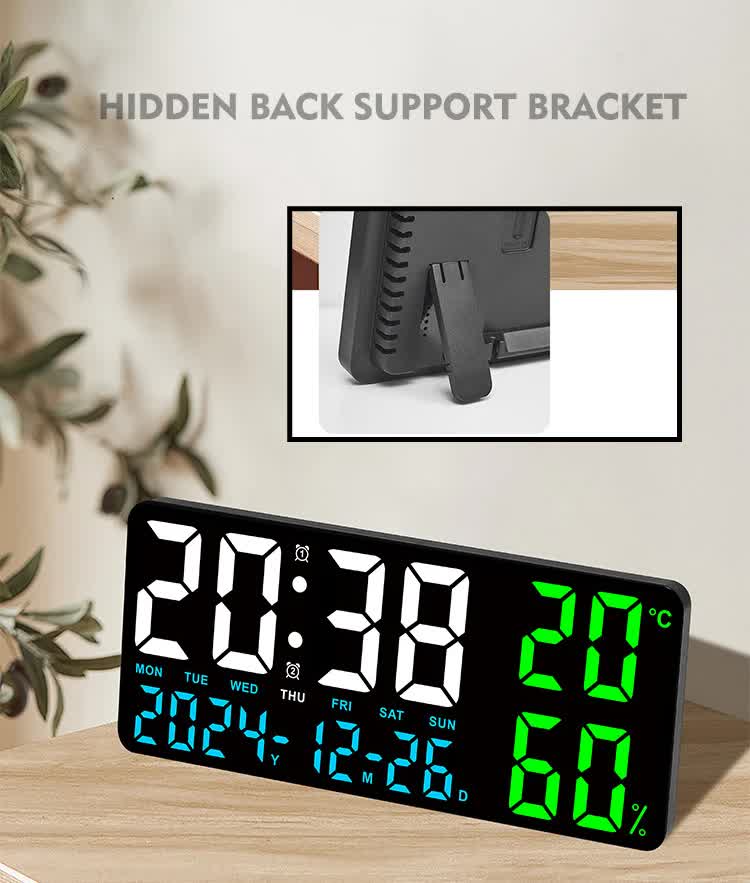 Black Background With White Light Sleek Large LED Digital Wall & Desk Clock - Remote Control, Temperature, Humidity, Dual Alarms, Calendar