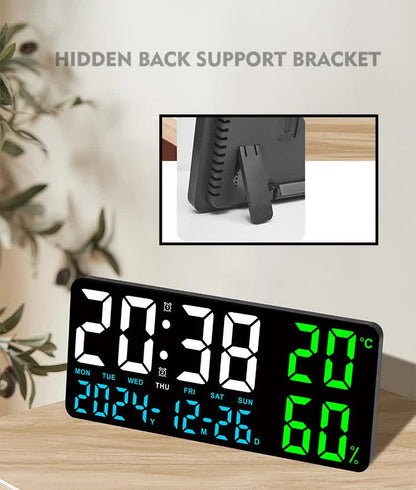 Black Background With White Light Sleek Large LED Digital Wall & Desk Clock - Remote Control, Temperature, Humidity, Dual Alarms, Calendar