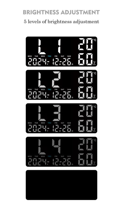 Black Background With White Light Sleek Large LED Digital Wall & Desk Clock - Remote Control, Temperature, Humidity, Dual Alarms, Calendar