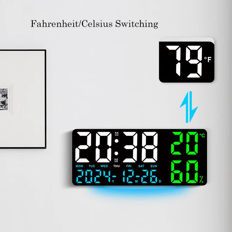 Black Background With Blue and White Light Sleek Large LED Digital Wall & Desk Clock - Remote Control, Temperature, Humidity, Dual Alarms, Calendar