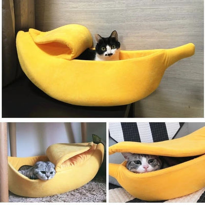 Yellow Cozy Banana Peel Pet Bed - Plush & Warm Cave House for Cats & Small Dogs (Large)